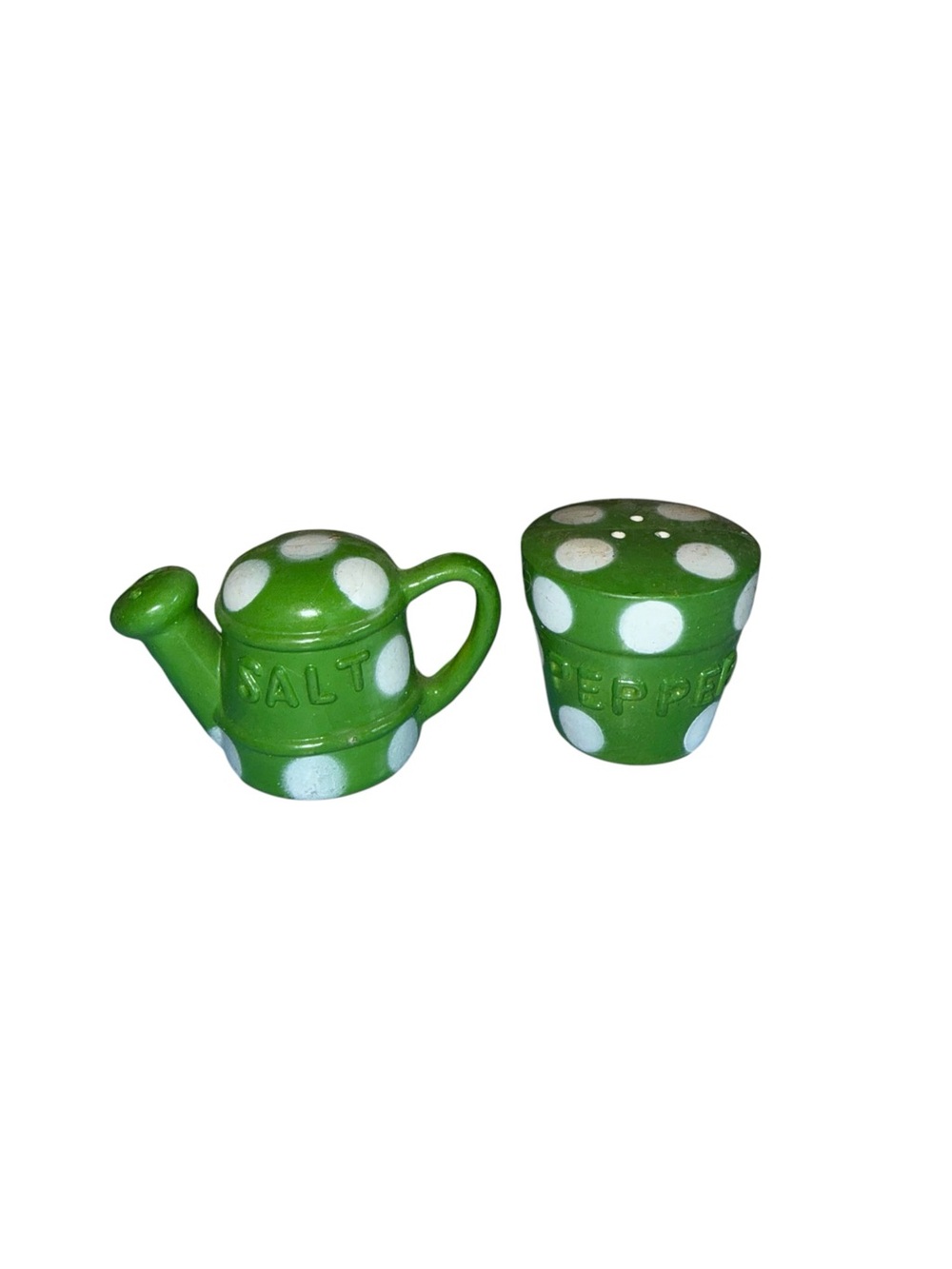 Vintage green plastic gardening salt and pepper shakers